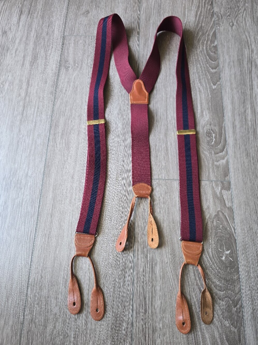 Mens Campaign Button End Braces Suspenders Burgundy Navy Stripe Leather Brass